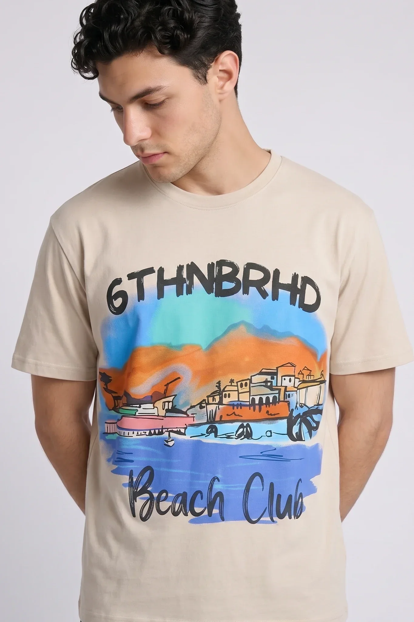6Th Nbrhd Beach Club Men's T-Shirt Cream - Image 3