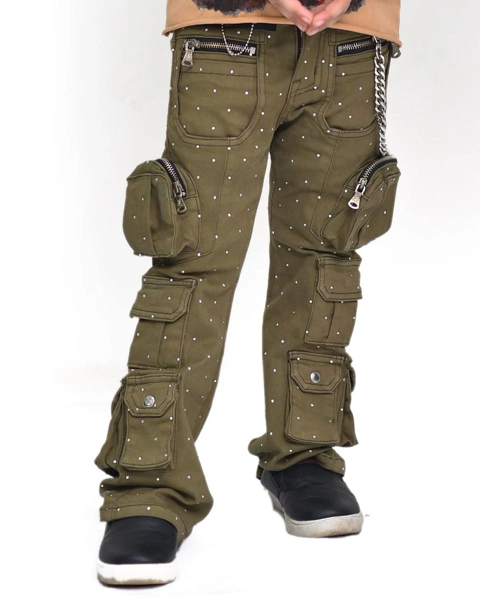ELITE PREMIUM Kids Stacked Cargo Pants Olive - Image 9