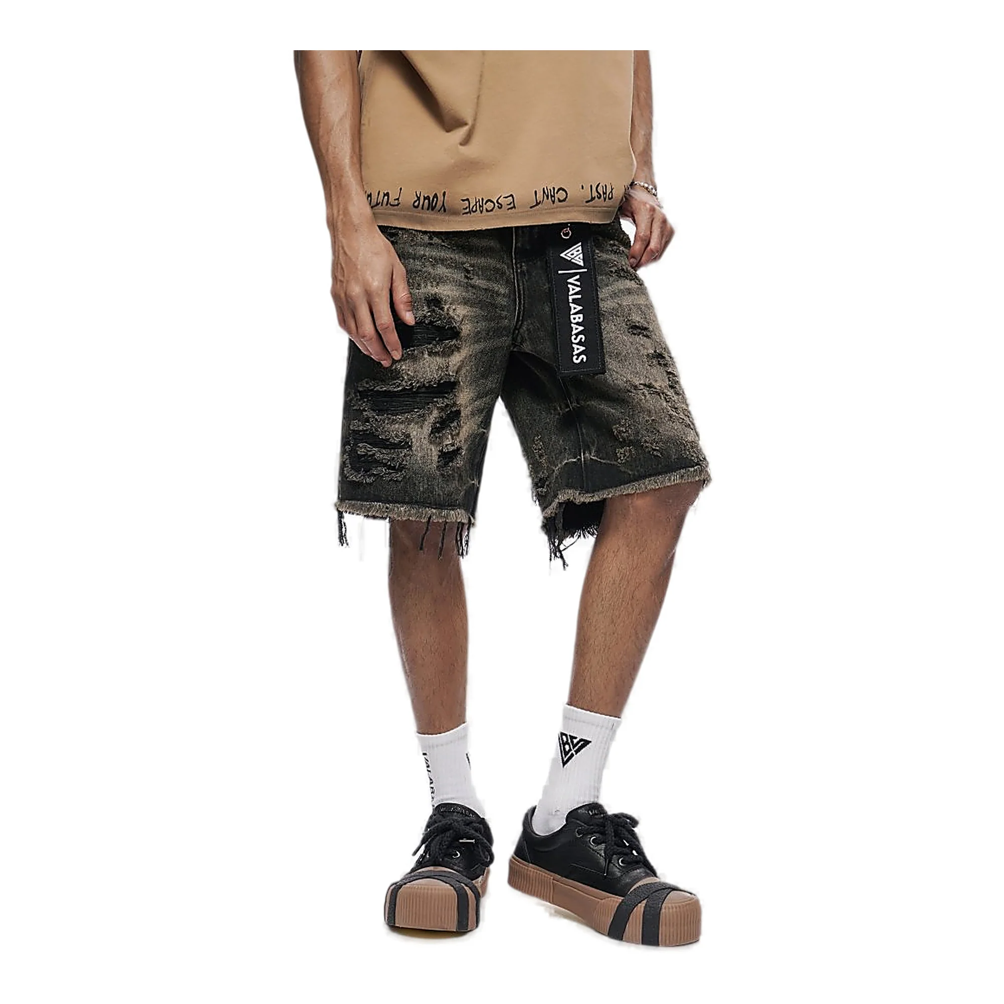 Valabasas Distressed Shorts - Frayed Hem Grey Washed