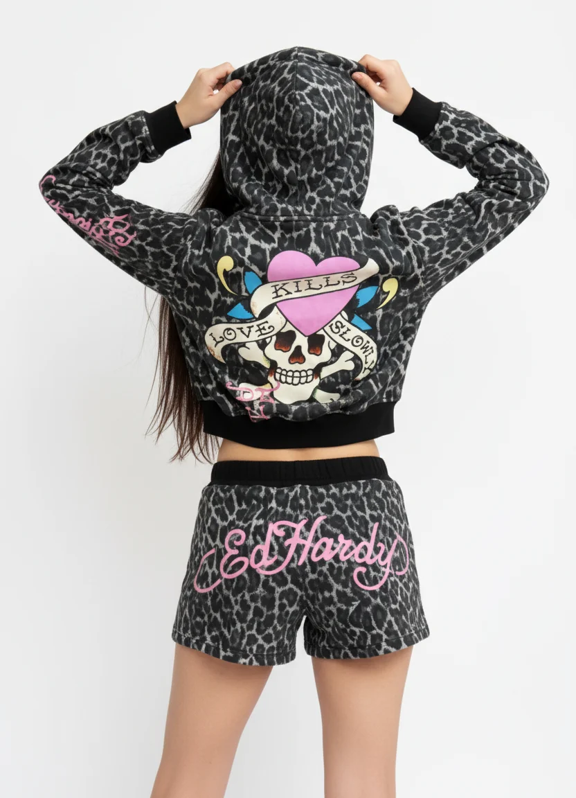 Ed Hardy Leopard Skull Hoodie - Sherpa Lined Black - Image 7
