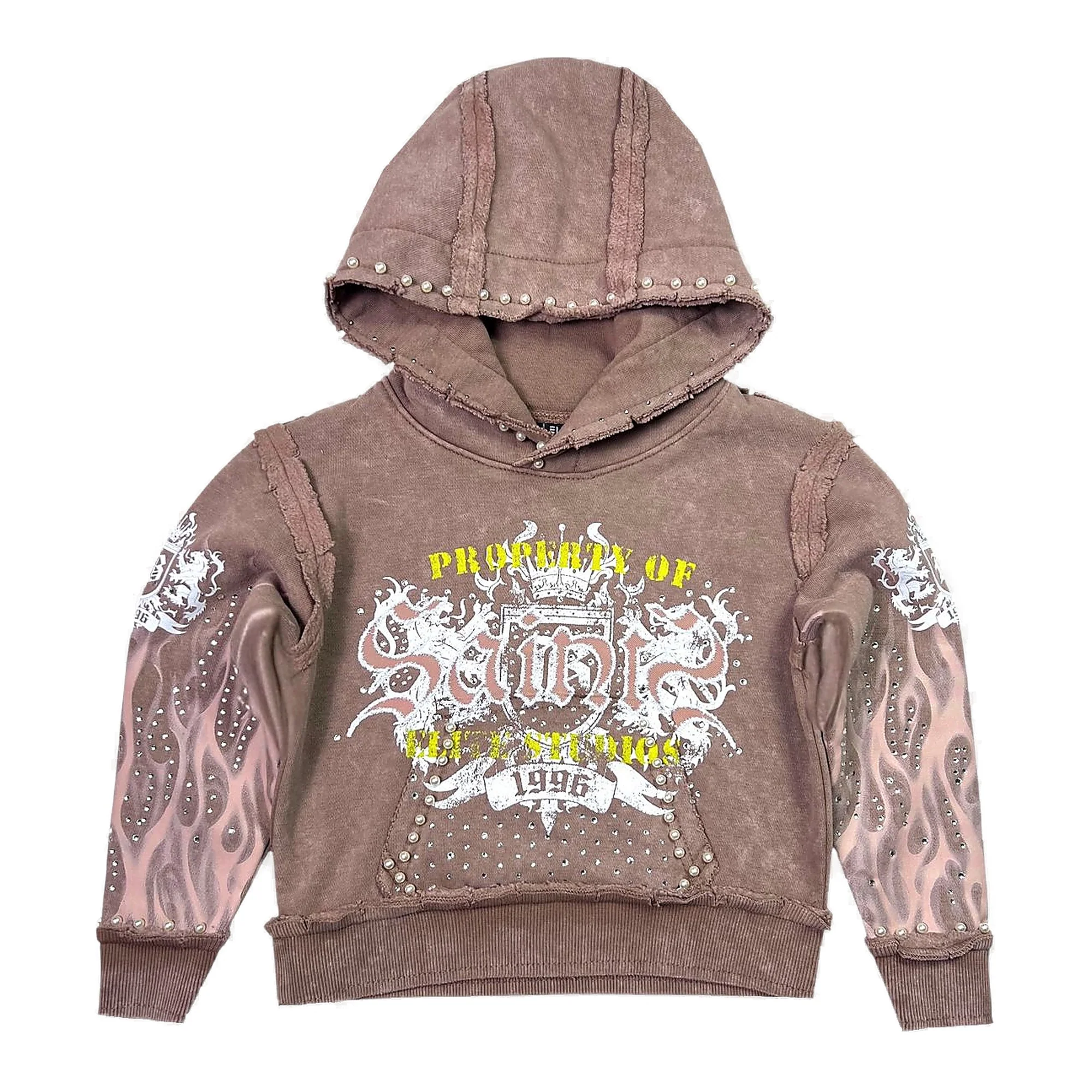 Elite Premium Saints Washed Rhinestone + Pearls Hoodie Kids Taupe - Image 3