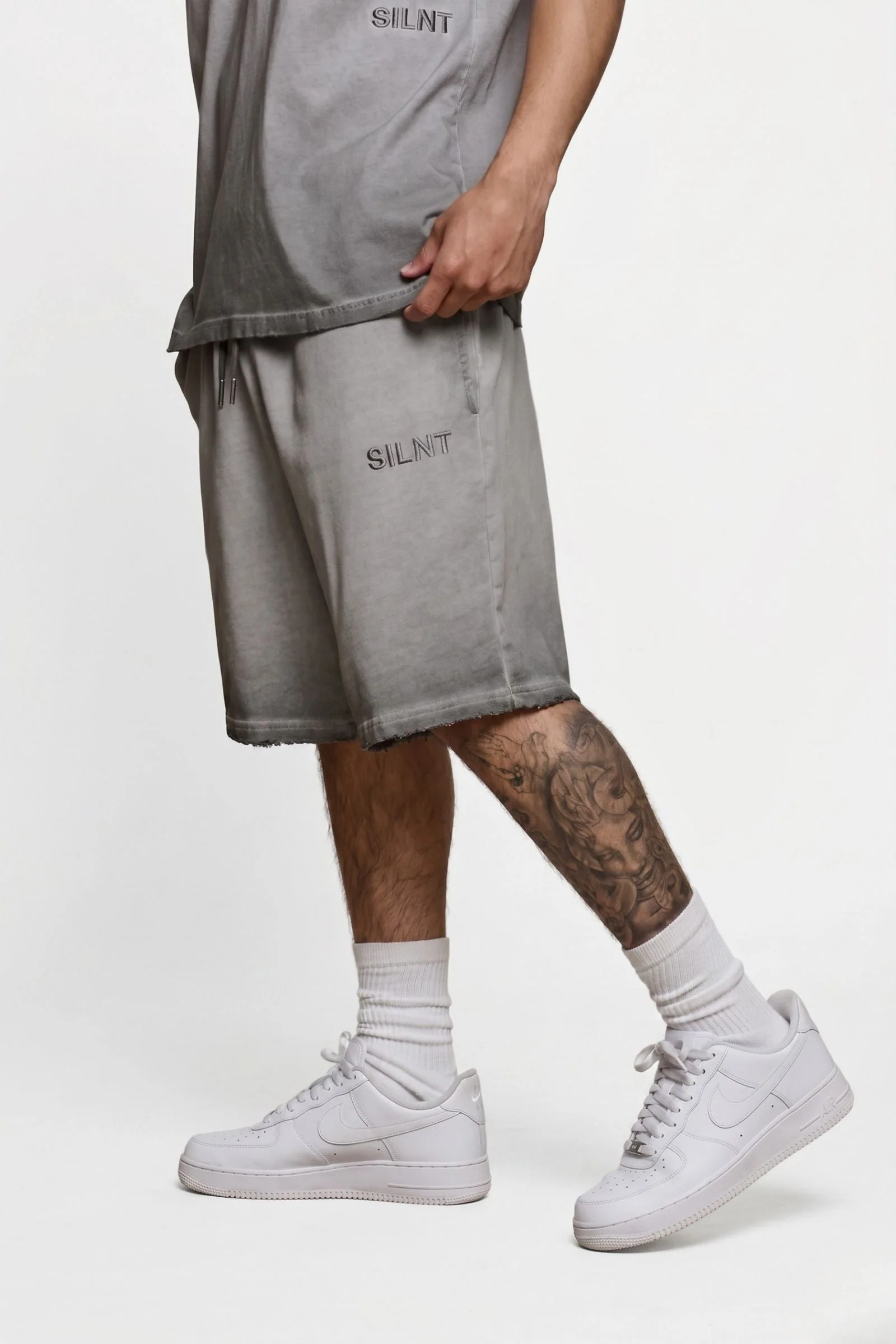 Silnt Chptrs Logo Shorts - Raw Cut Hem Grey - Image 2