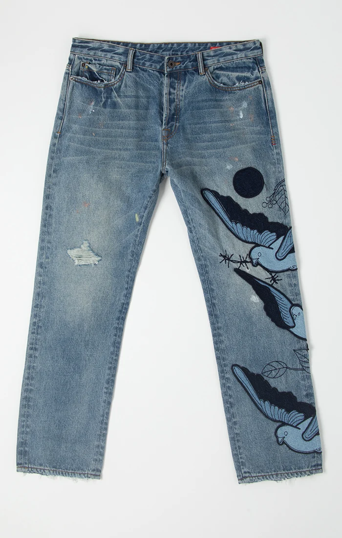Bldg4 Flock Jeans with Bird Embroidery Faded Wash - Image 3