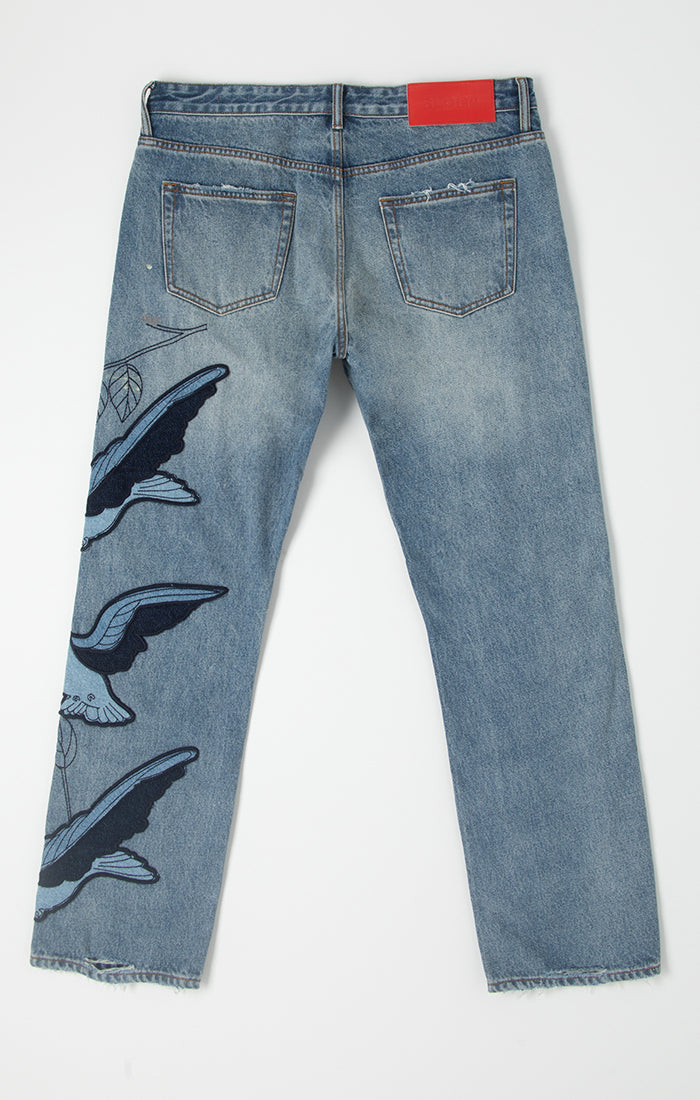 Bldg4 Flock Jeans with Bird Embroidery Faded Wash - Image 4