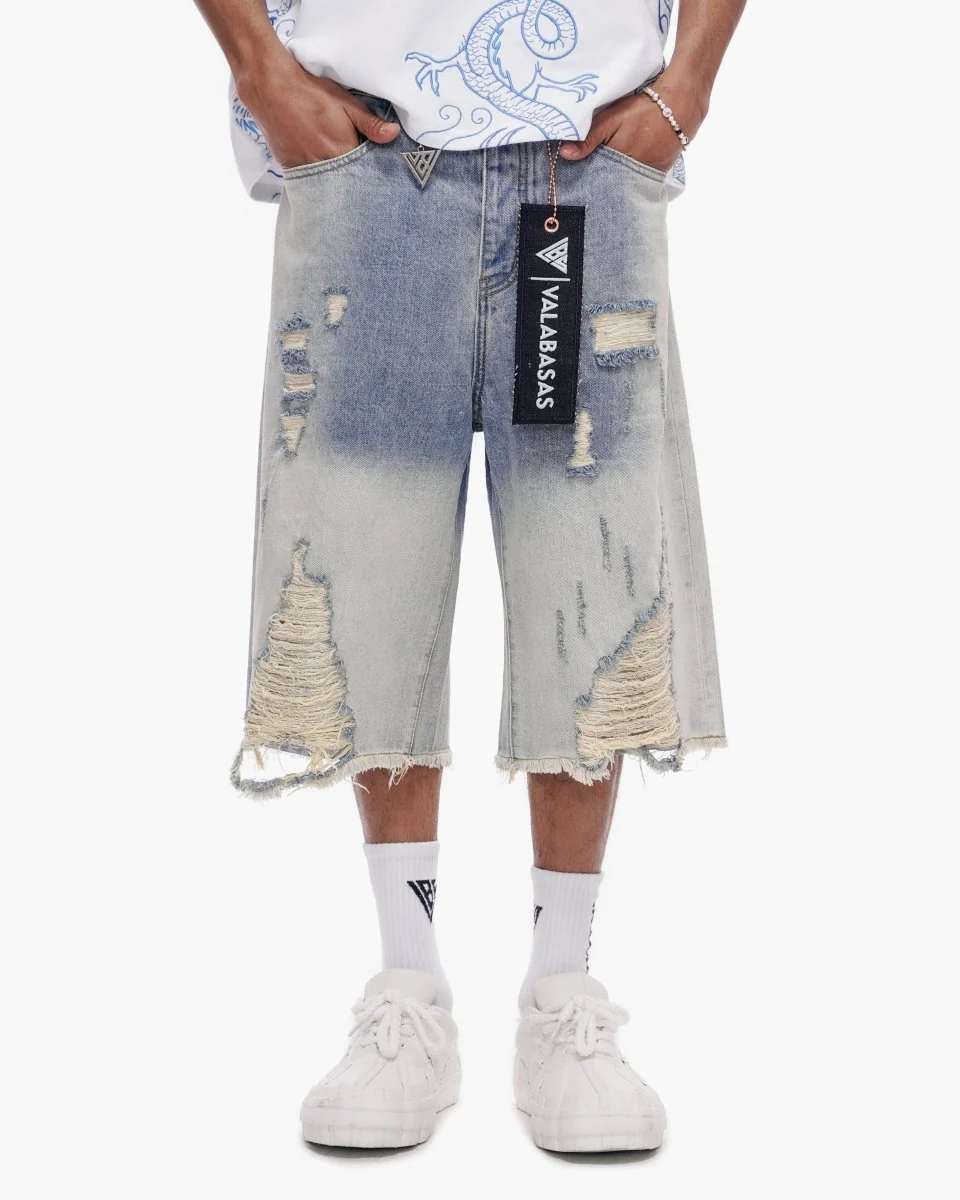 Valabasas Distressed Shorts - Raw Hem Light Blue Wash - Image 5