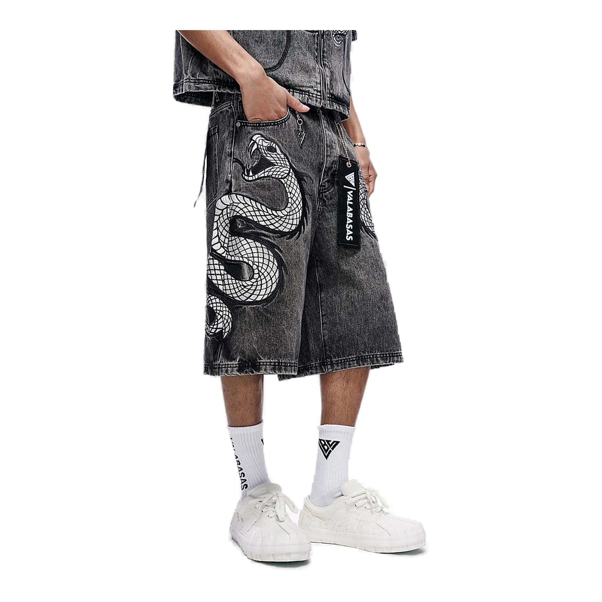 Valabasas Serpent Shorts - Embroidered Grey Wash