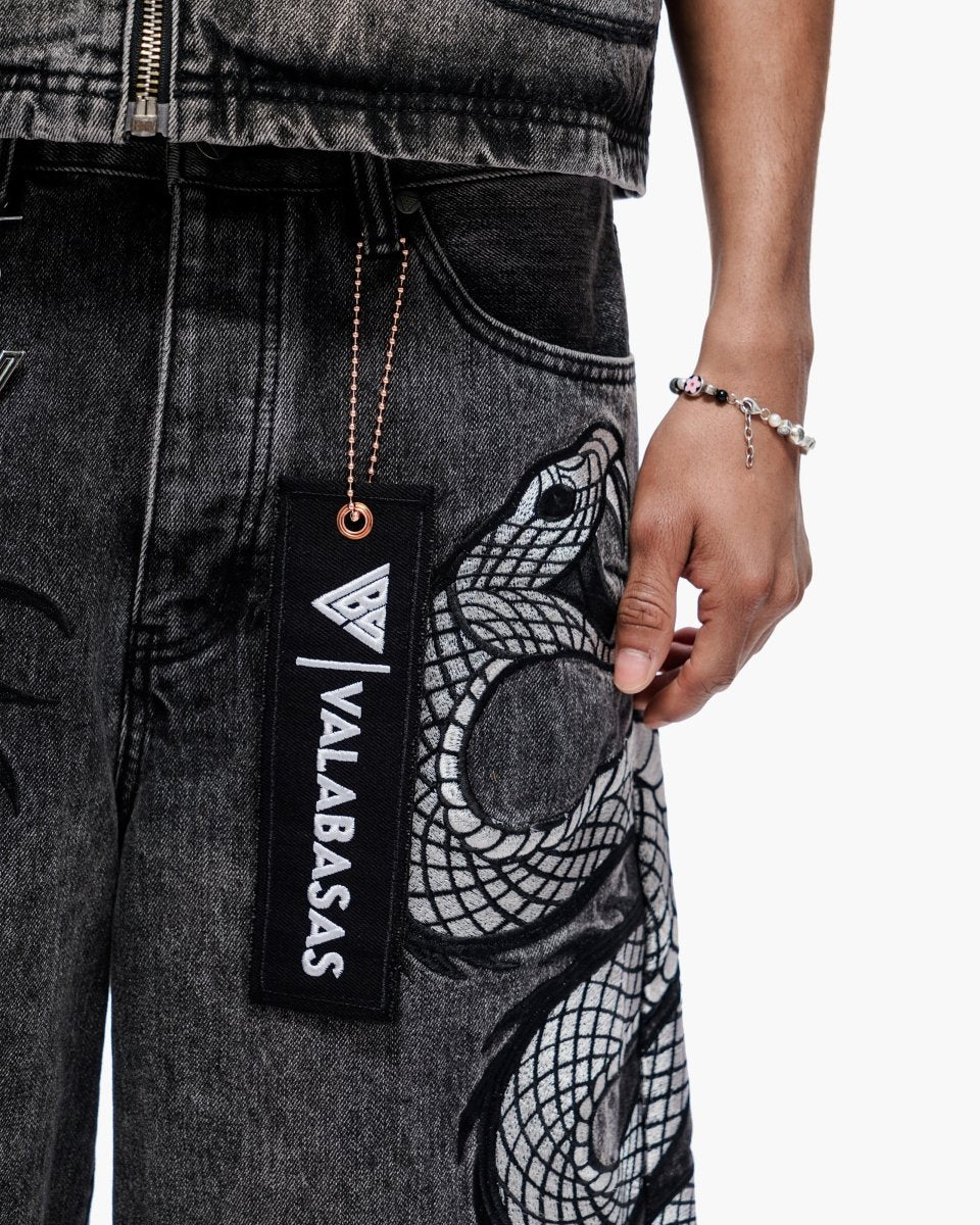 Valabasas Serpent Shorts - Embroidered Grey Wash - Image 3