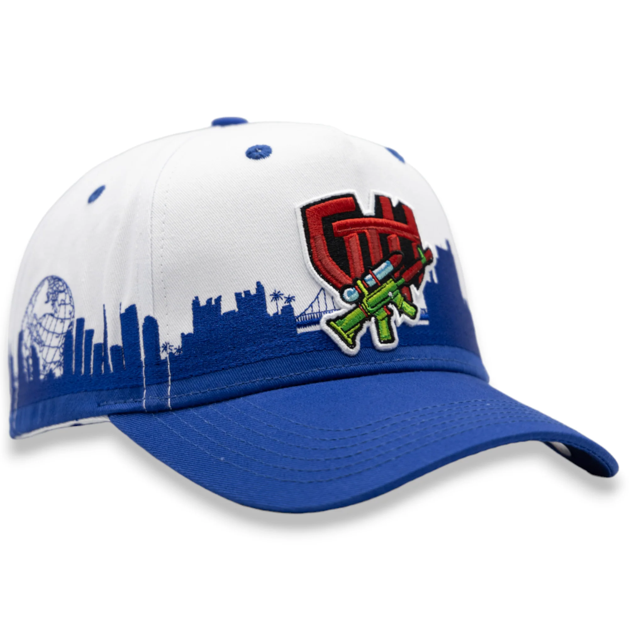 GTH Snapback Hat with Skyline Design White Navy - Image 6