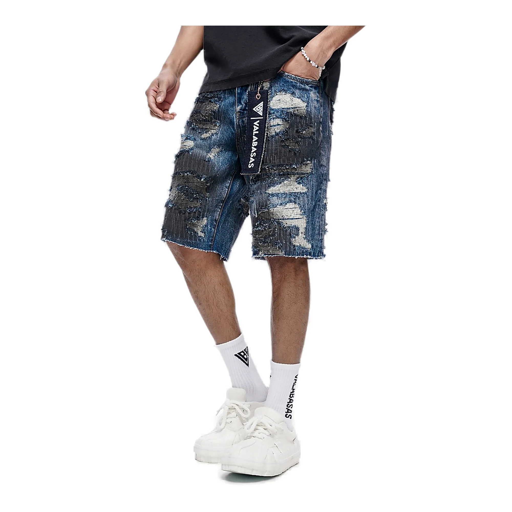 Valabasas Patchwork Shorts - Distressed Dark Blue