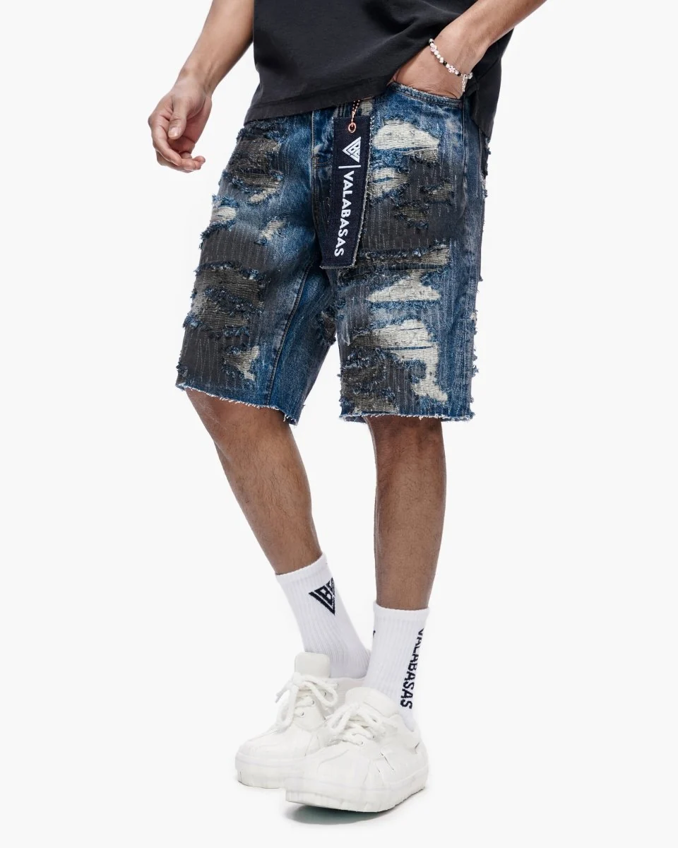 Valabasas Patchwork Shorts - Distressed Dark Blue - Image 2