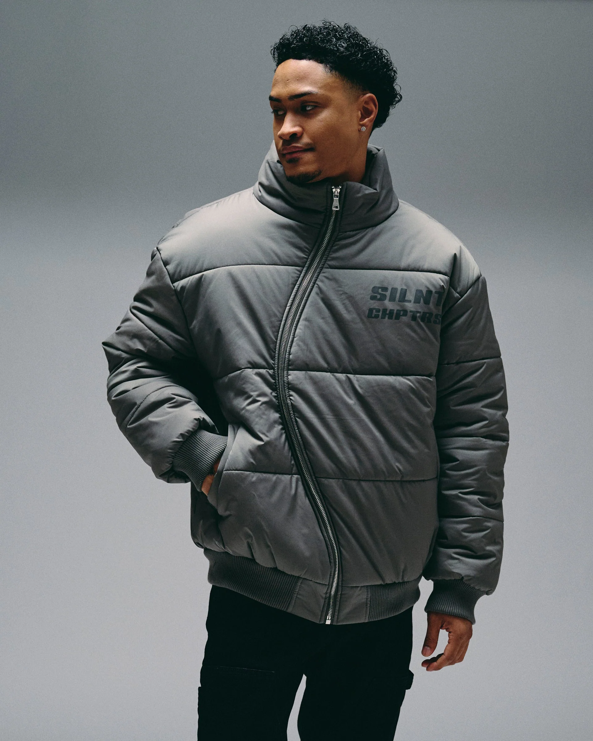 Silnt Chptrs Irregular Puffer Jacket - High Collar Grey - Image 11