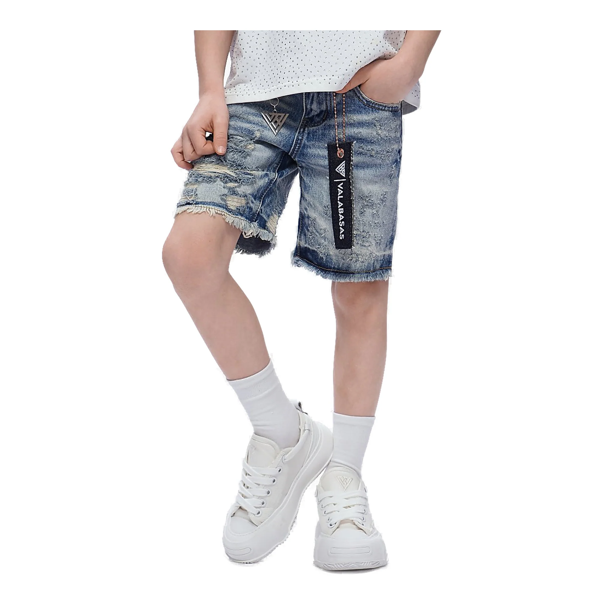 Valabasas Tag Youth Shorts - Raw Hem Blue Washed