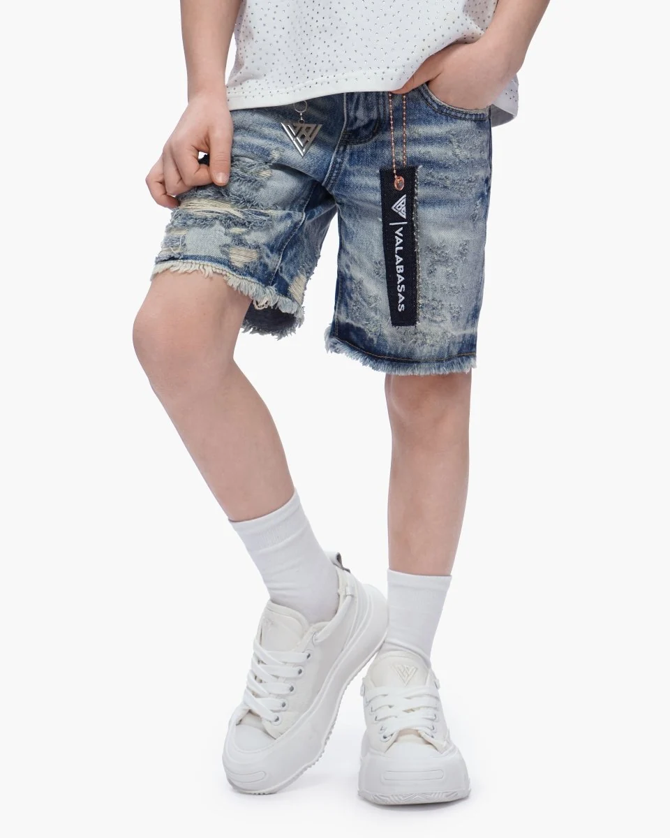 Valabasas Tag Youth Shorts - Raw Hem Blue Washed - Image 2