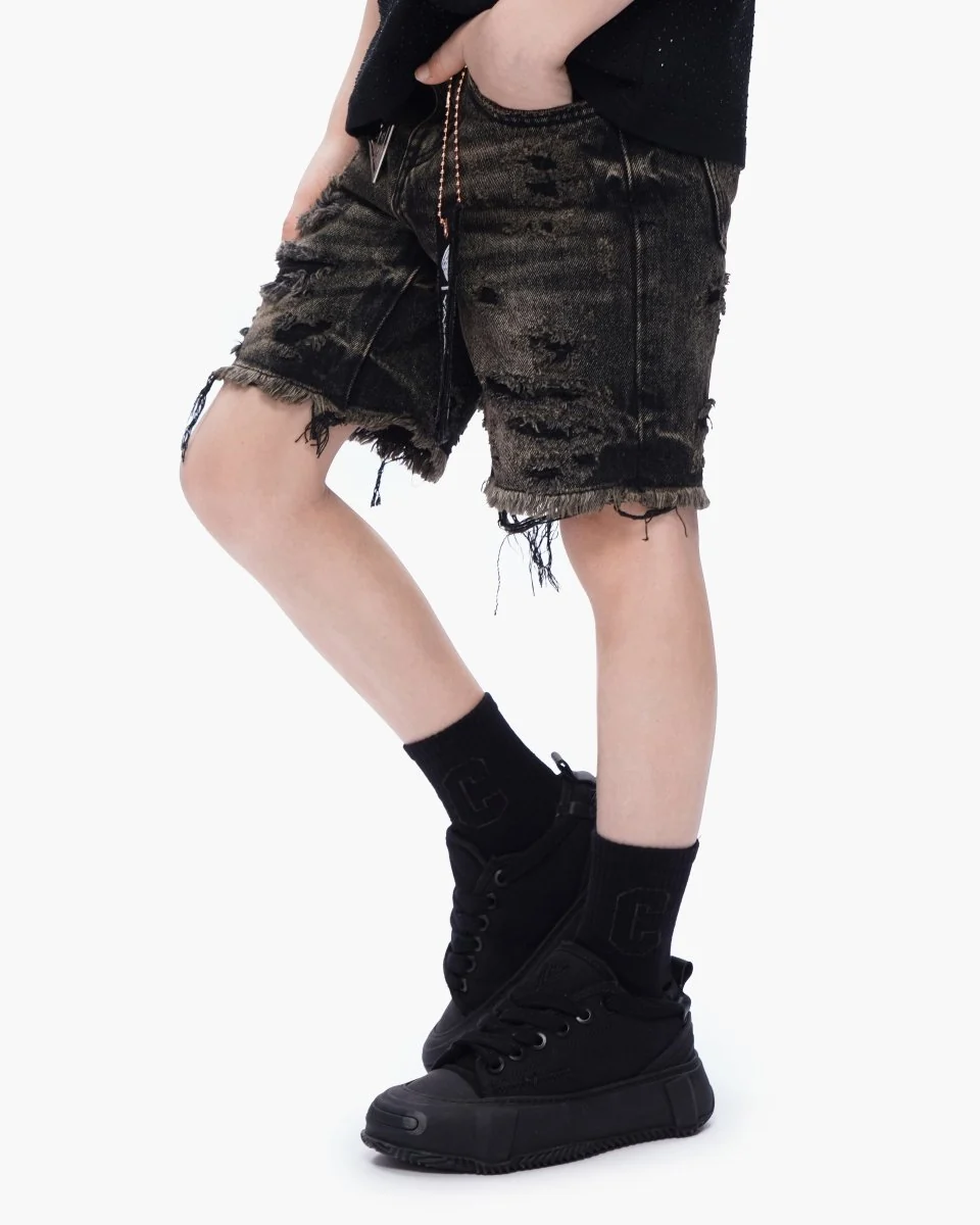 Valabasas Distressed Youth Shorts - Raw Hem Grey Washed - Image 2
