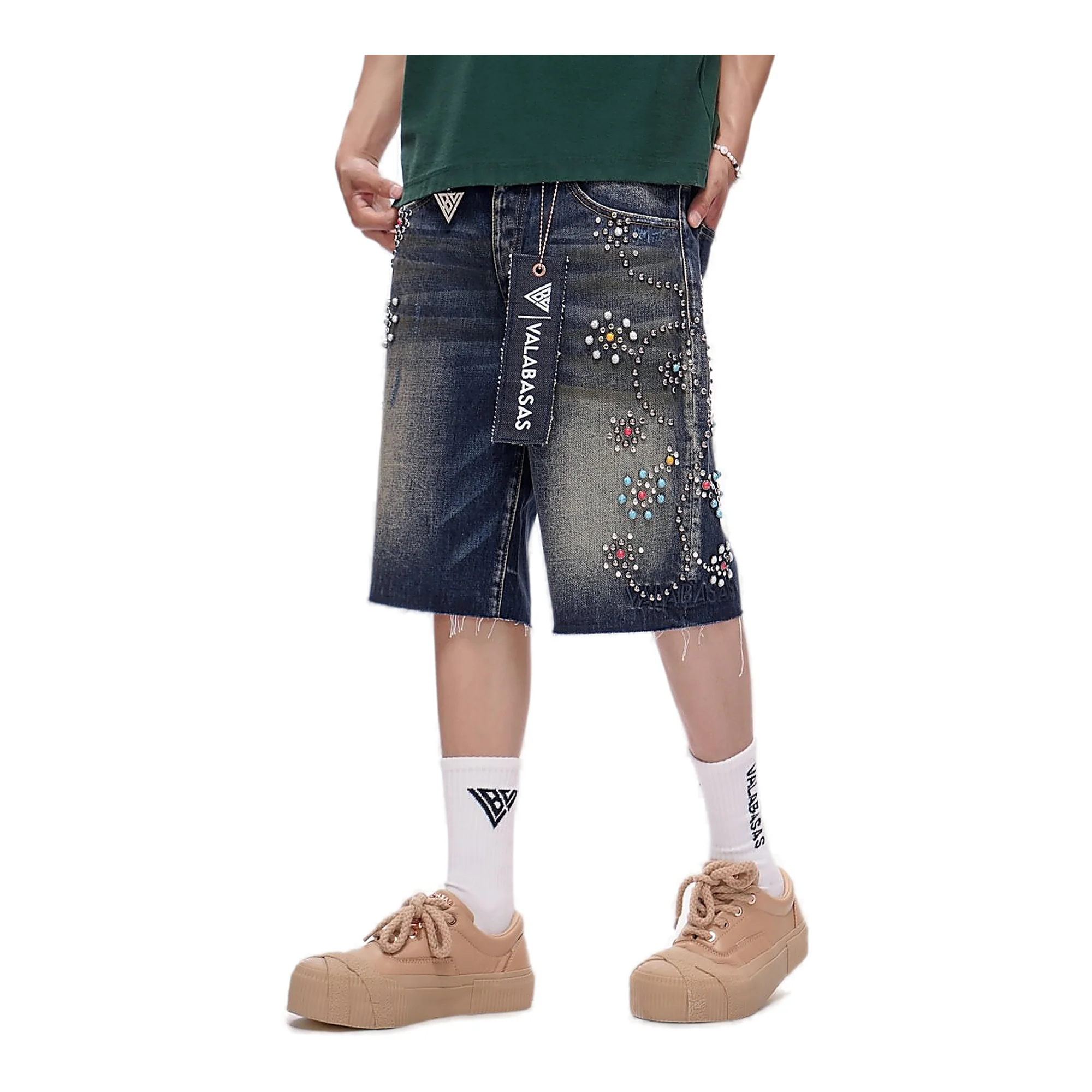 Valabasas Embroidered Shorts - Raw Hem Dark Blue Wash