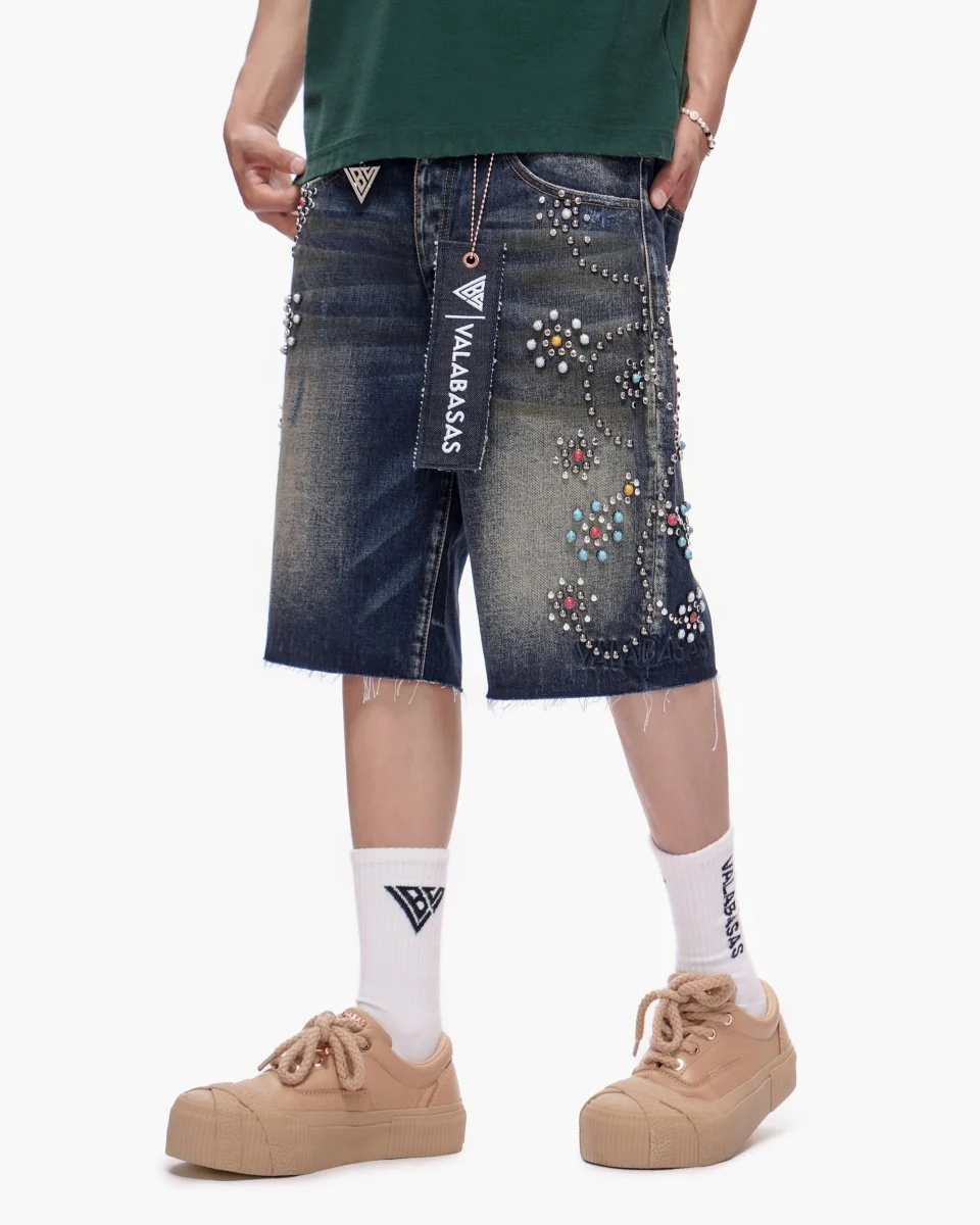 Valabasas Embroidered Shorts - Raw Hem Dark Blue Wash - Image 2