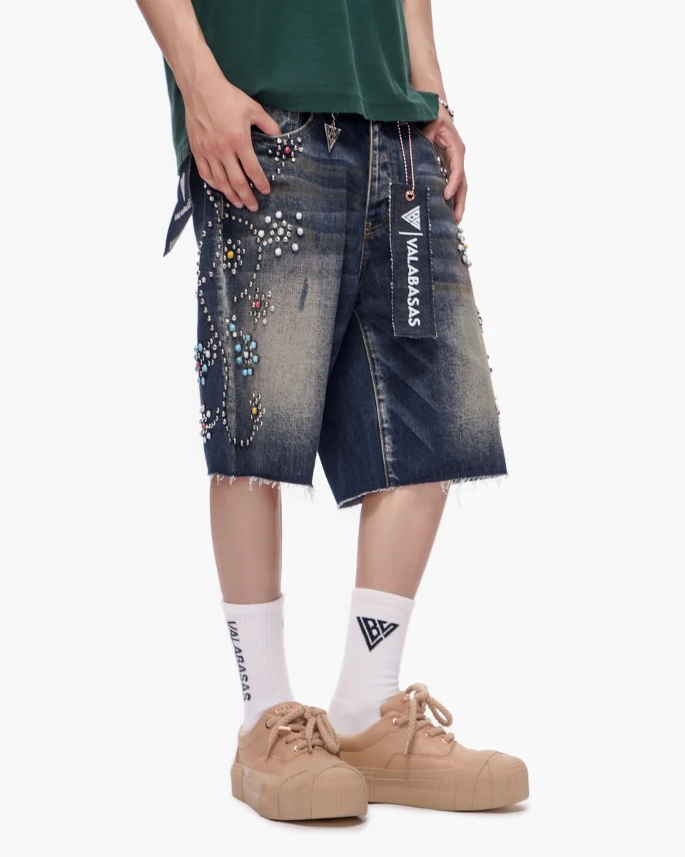 Valabasas Embroidered Shorts - Raw Hem Dark Blue Wash - Image 3