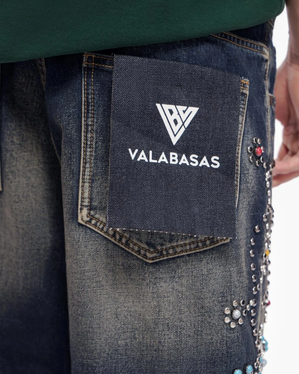 Valabasas Embroidered Shorts - Raw Hem Dark Blue Wash - Image 9