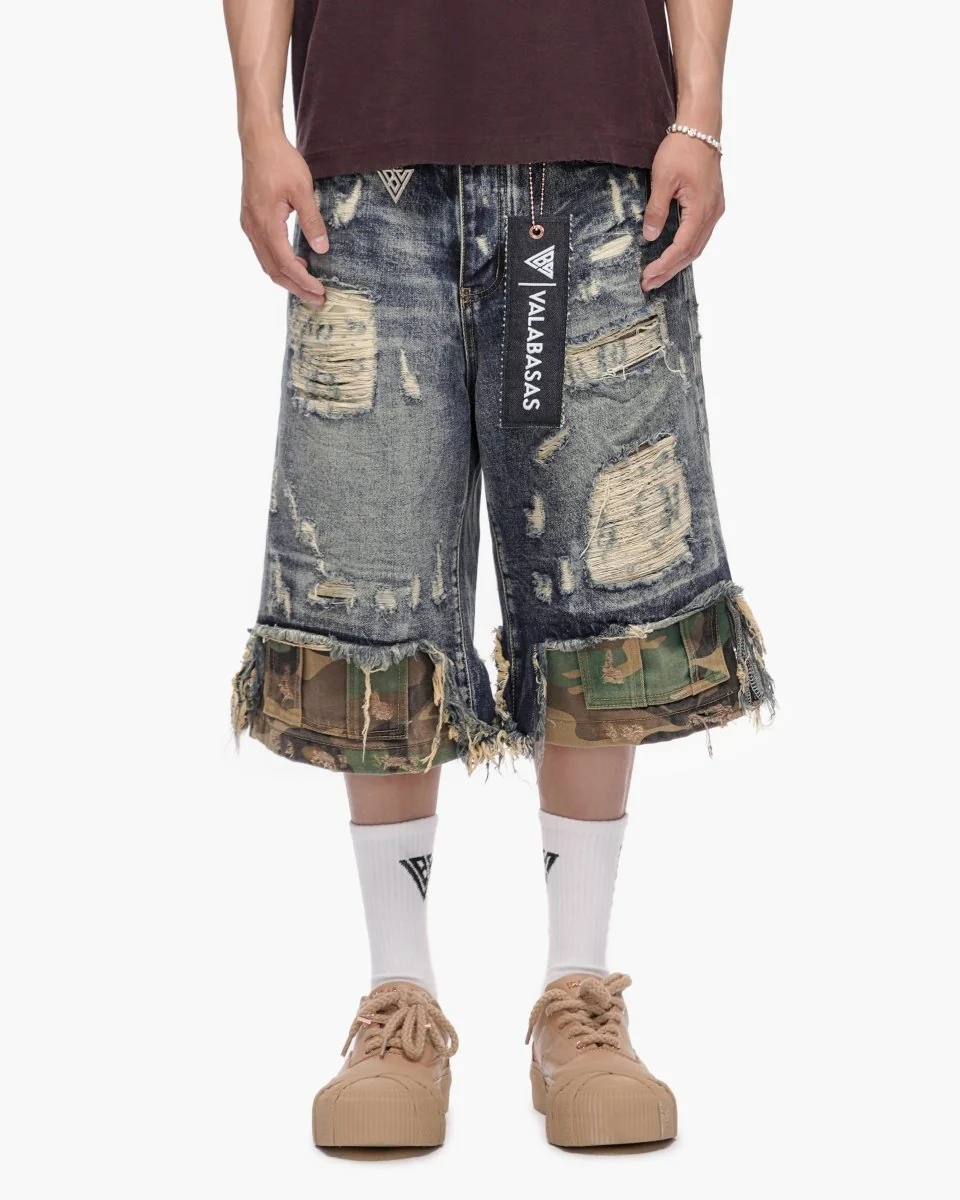 Valabasas Patchwork Shorts - Distressed Dark Blue Wash - Image 8