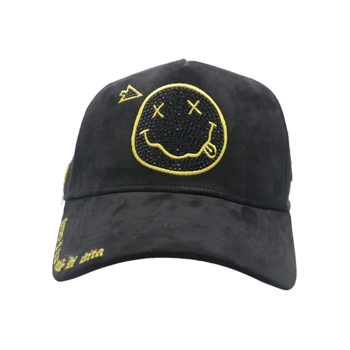 Premium Smiley Trucker Hat - Embroidered Black Gold - Image 2