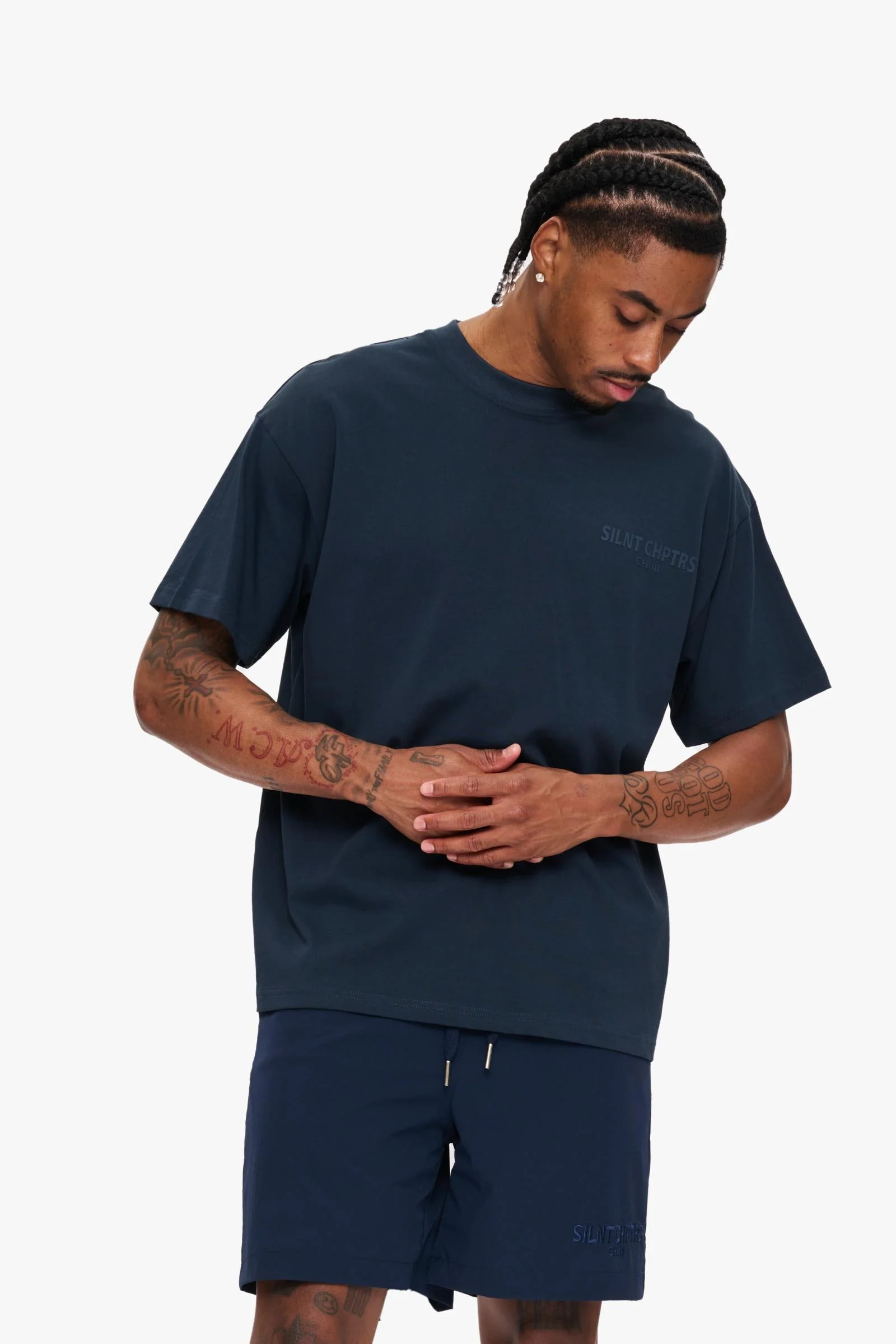 Silnt Chptrs Embossed Logo T-Shirt - Boxy Fit Navy - Image 5