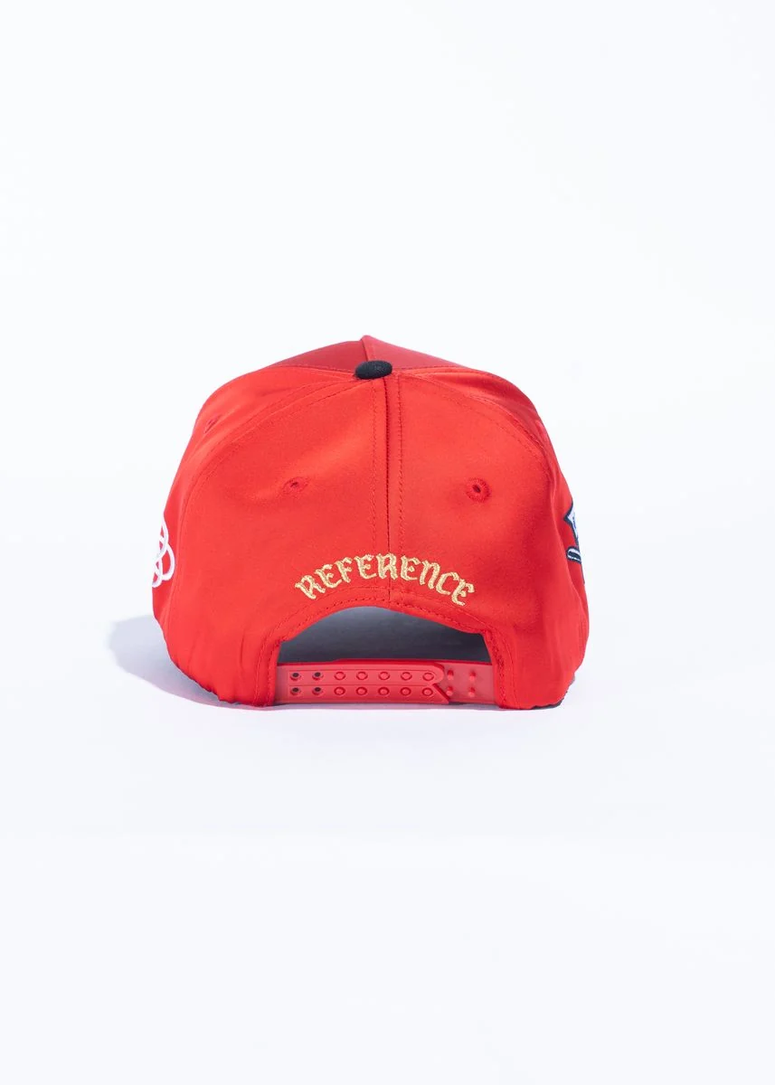 Reference Kingels Snapback Hat - Rhinestone Logo Red Satin/Blk Canvas - Image 5