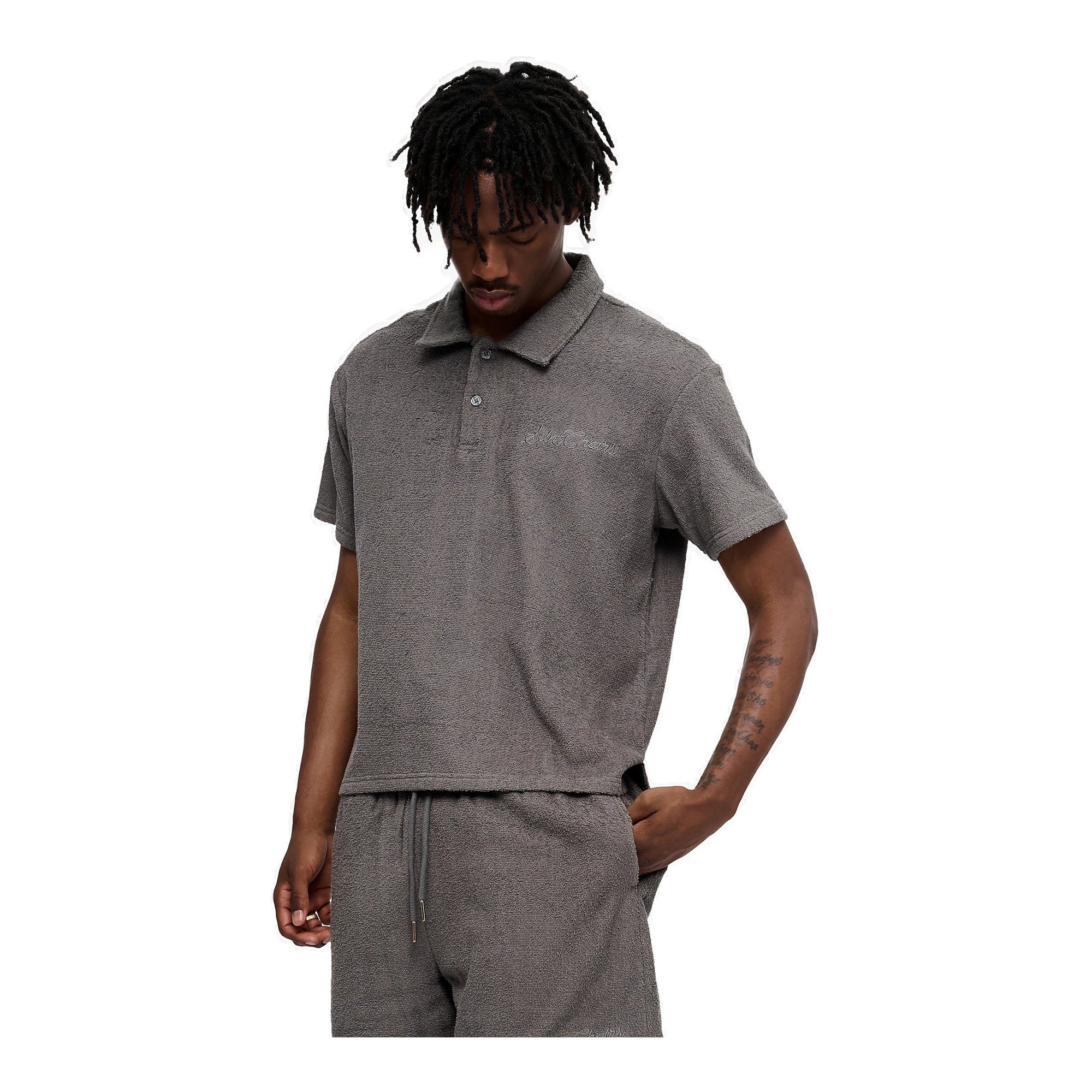 Silnt Chptrs Terry Polo Shirt - Embroidered Grey