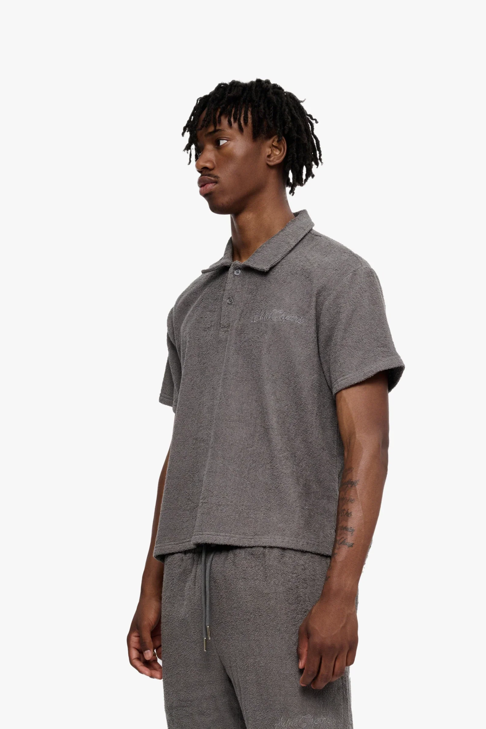 Silnt Chptrs Terry Polo Shirt - Embroidered Grey - Image 12
