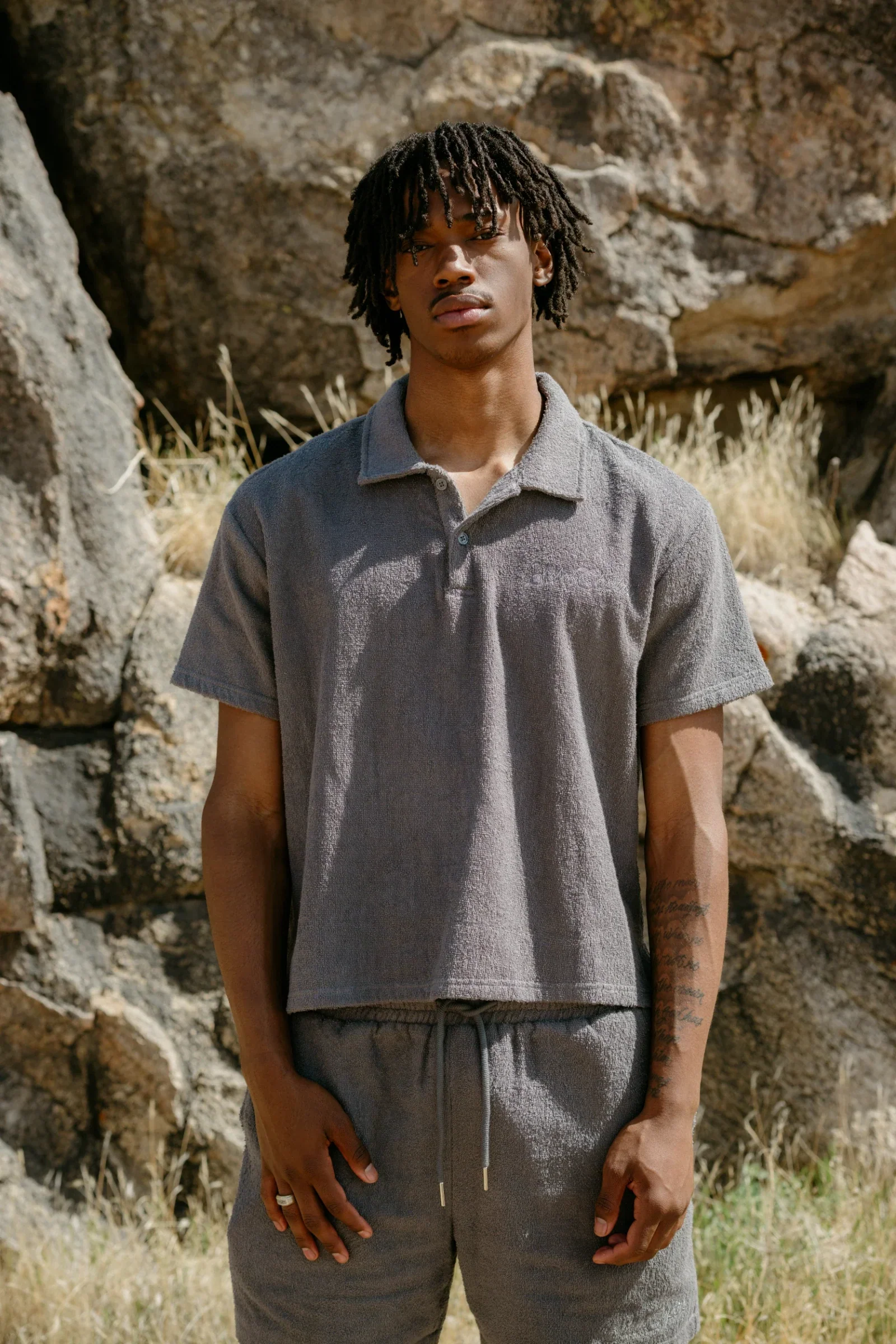 Silnt Chptrs Terry Polo Shirt - Embroidered Grey - Image 7