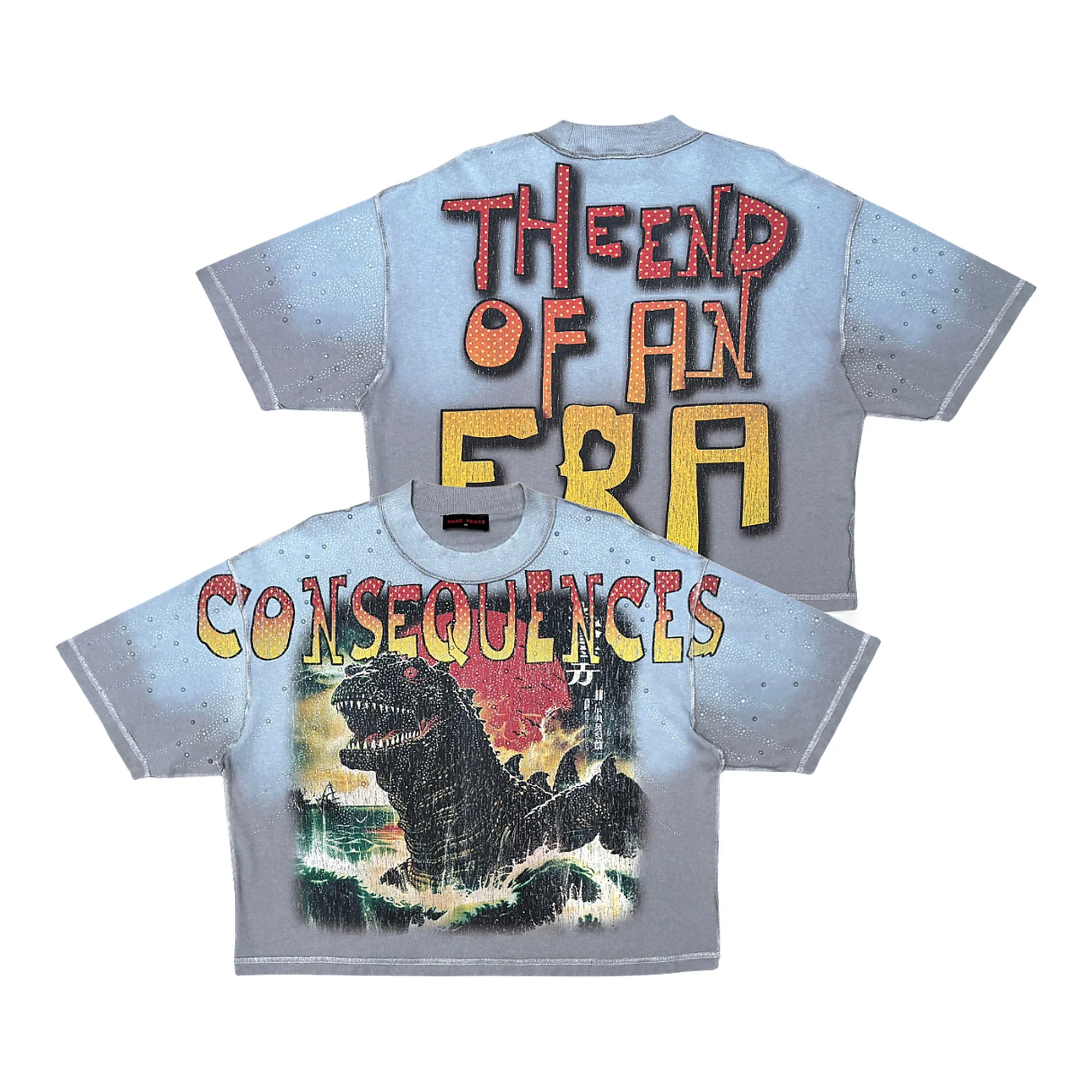 Rare Peace Godzilla T-Shirt - Rhinestone Graphic Grey