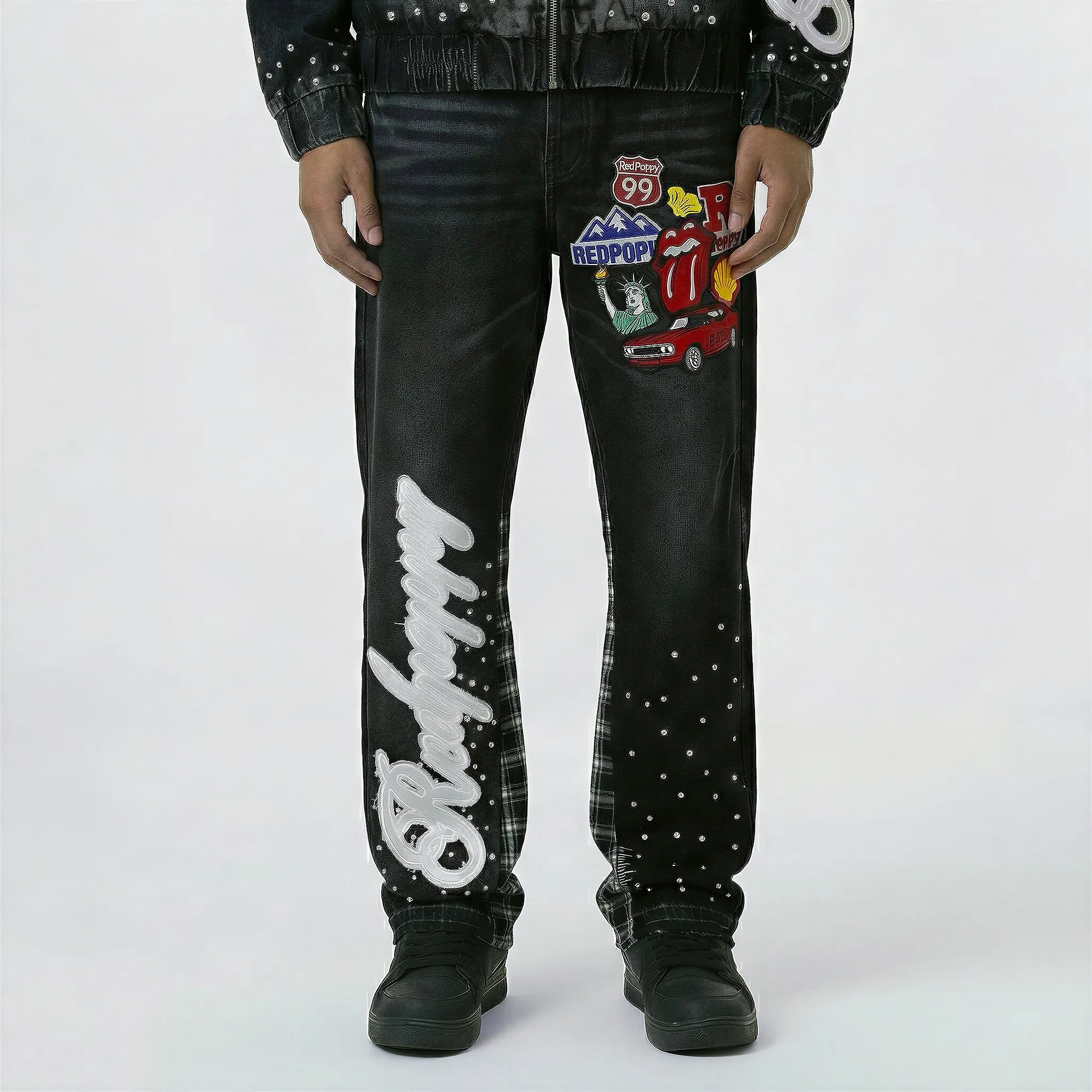 Red Poppy Embellished Jeans - Graphic