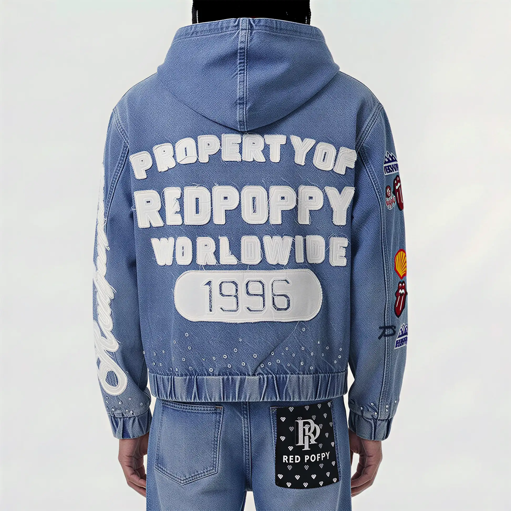 Red Poppy Patch Denim Jacket - Hooded - Image 2