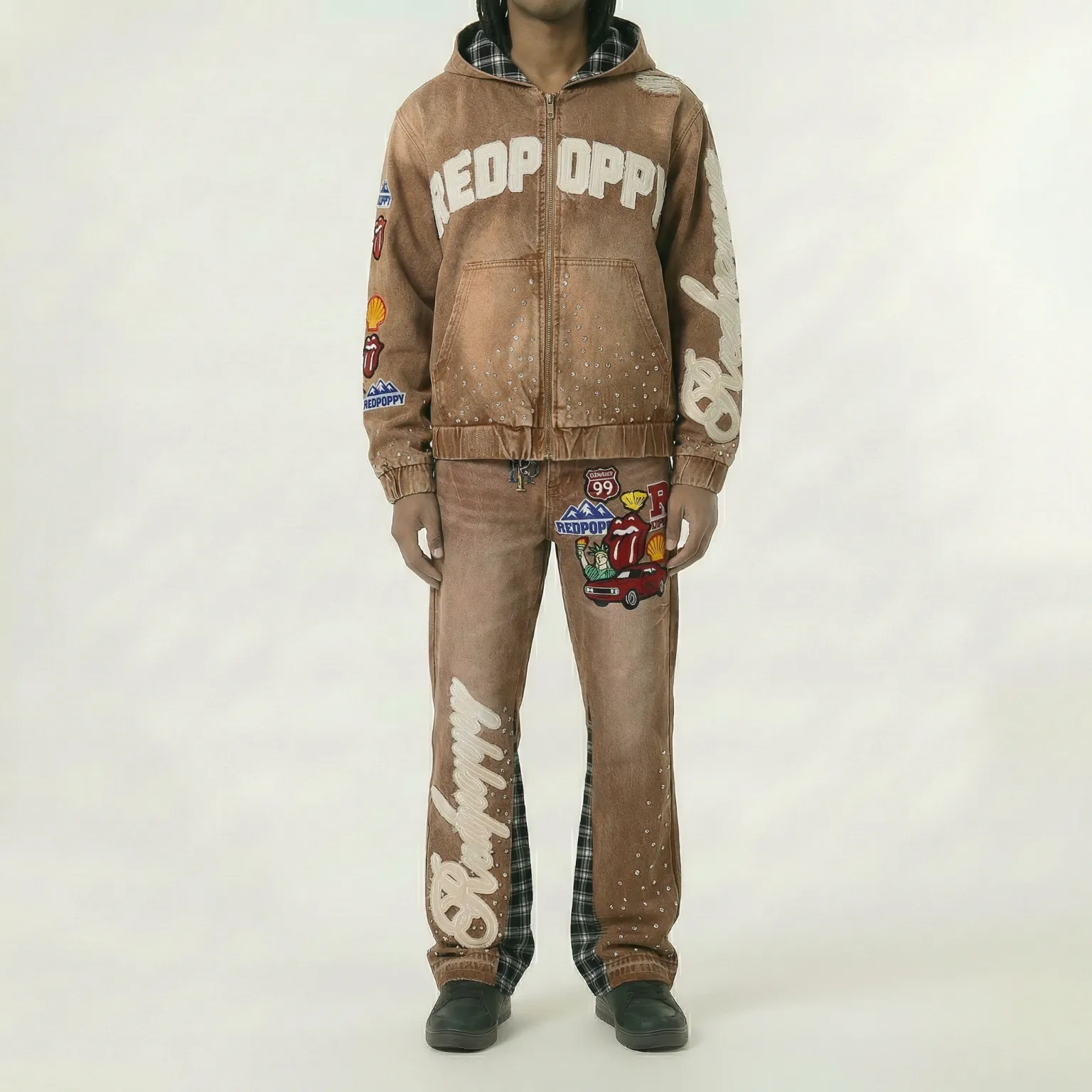 Red Poppy Patchwork Jeans - Graphic - Image 3