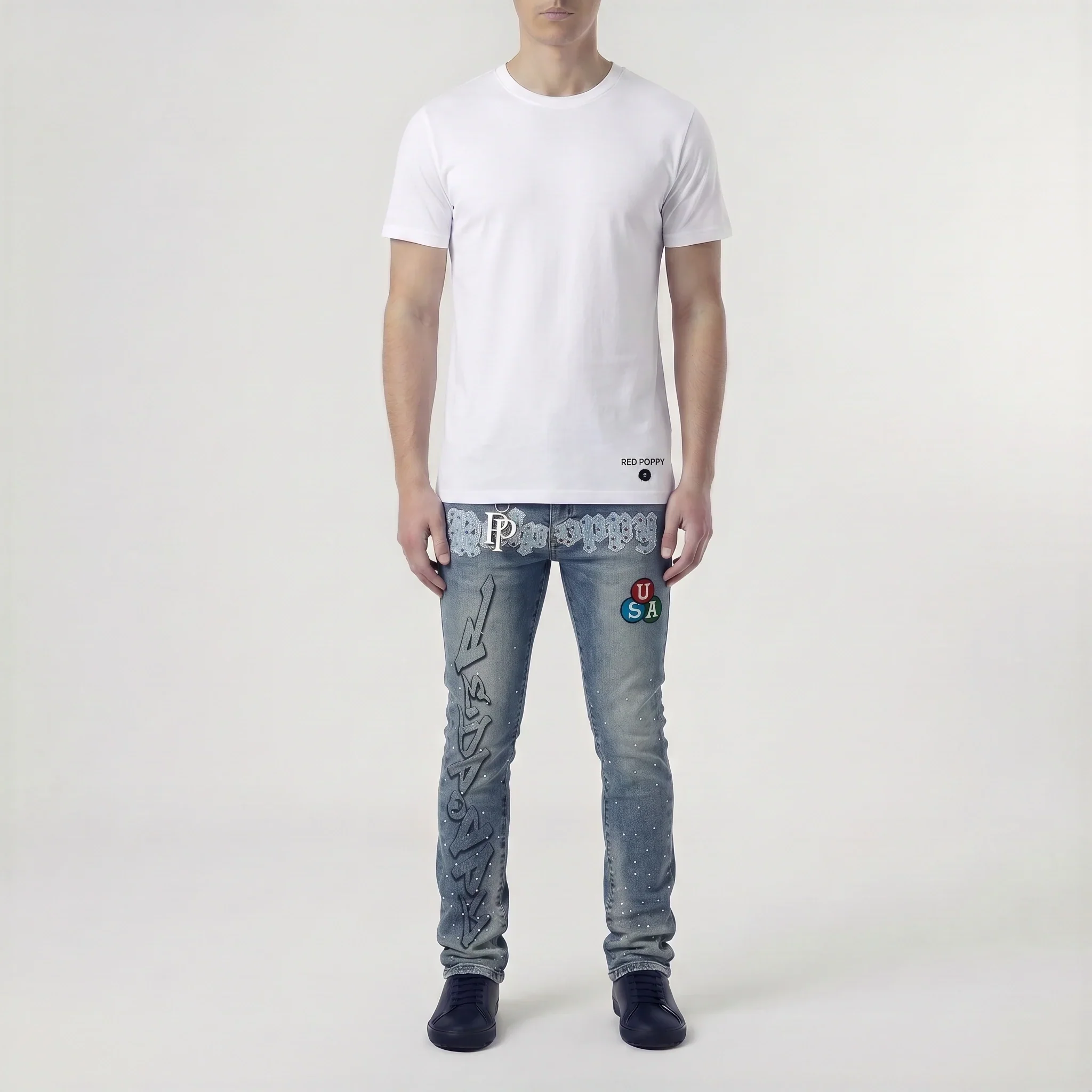 Red Poppy Graphic Jeans - Studded - Image 3