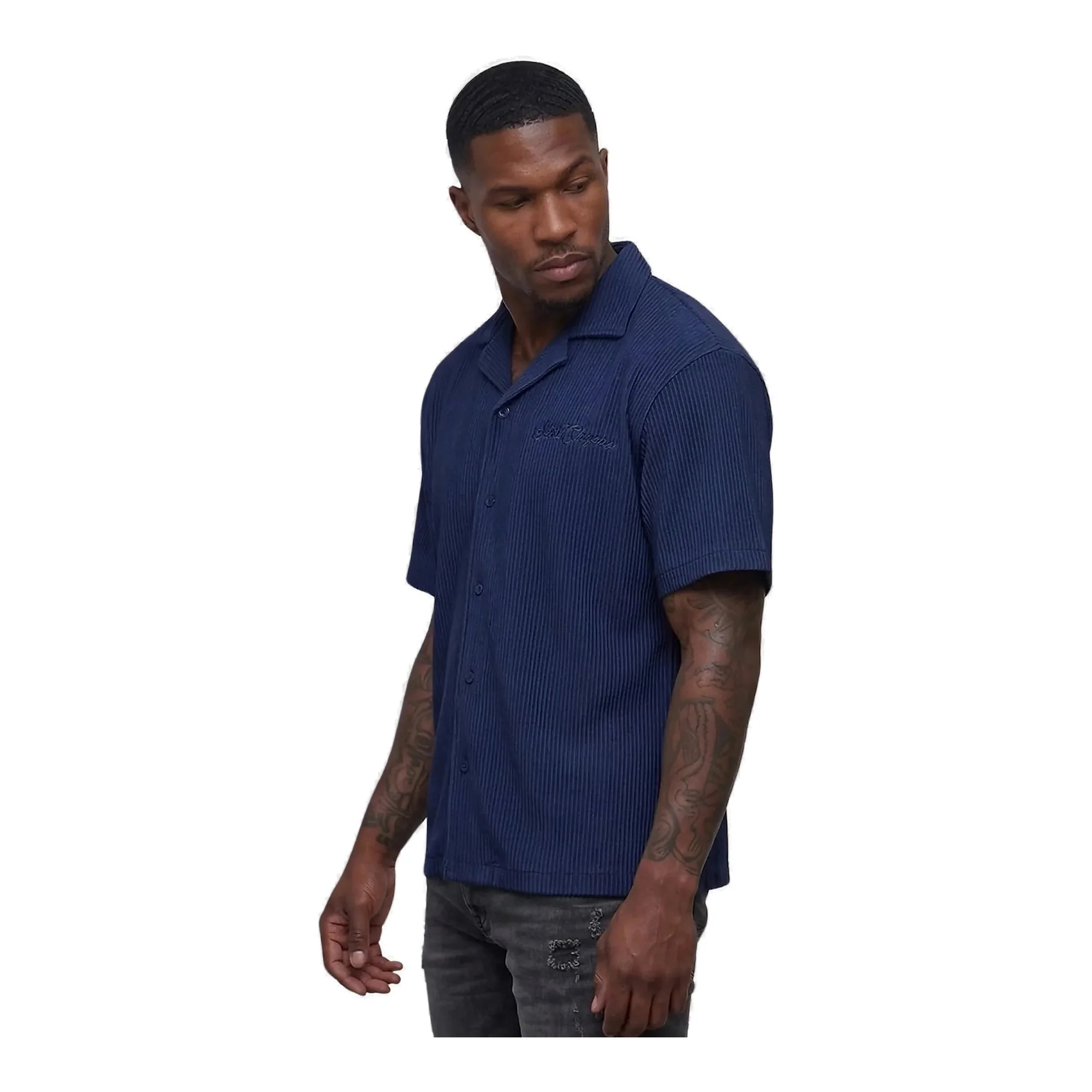 Silnt Chptrs Ribbed Shirt - Open Collar Navy