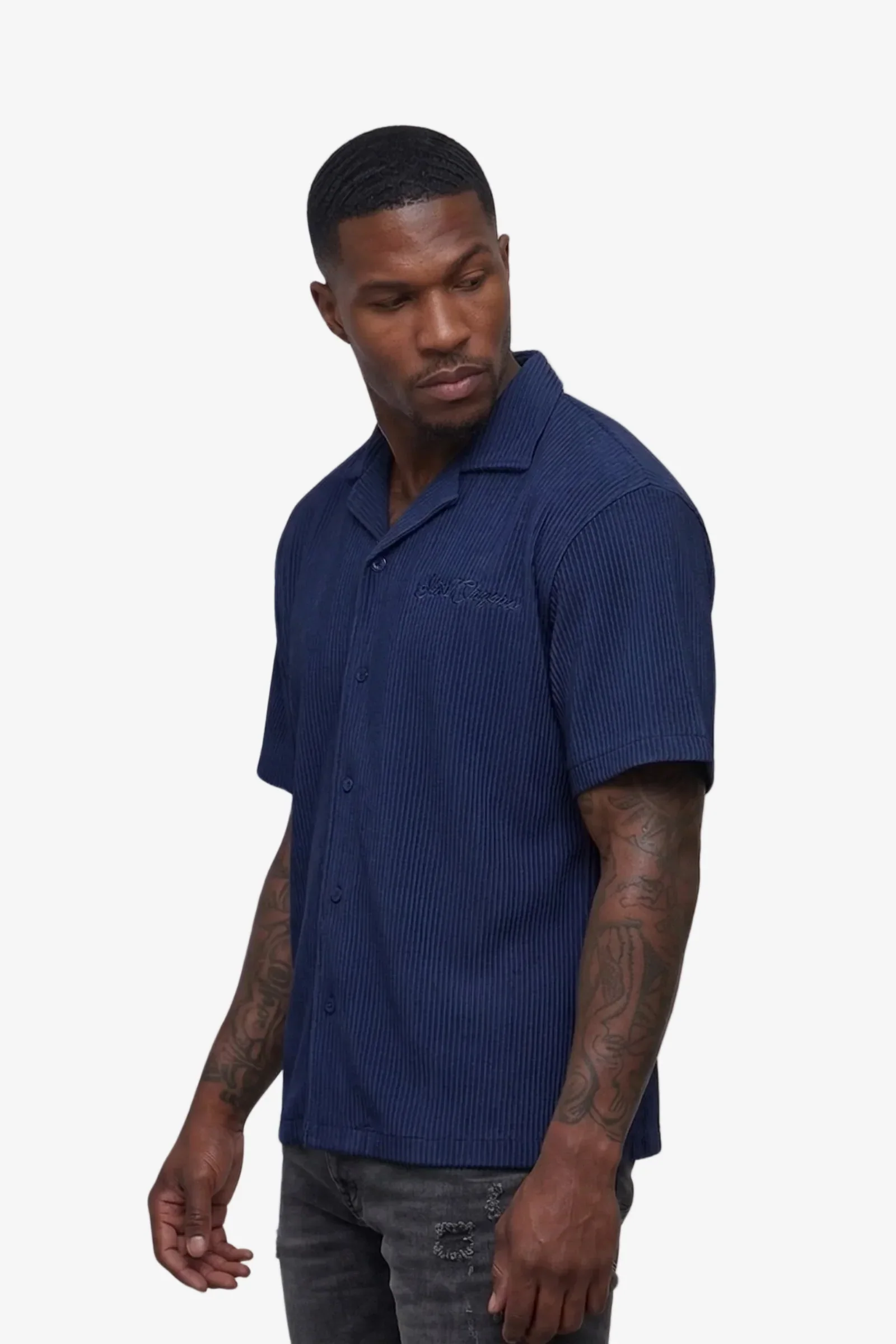Silnt Chptrs Ribbed Shirt - Open Collar Navy - Image 2