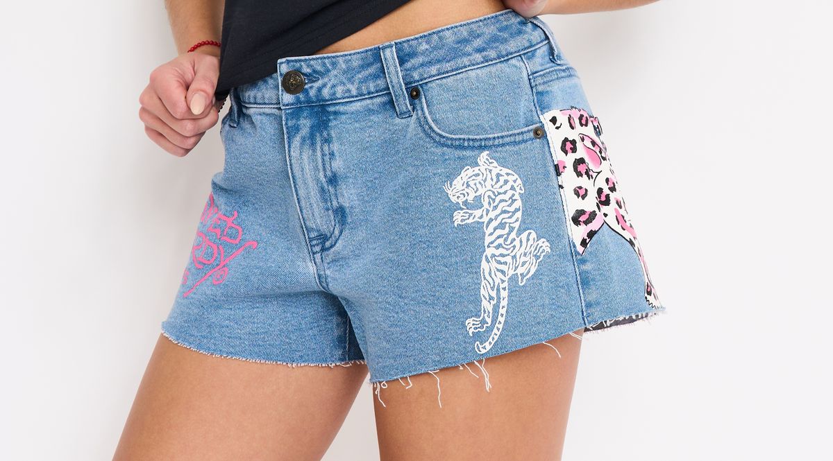 Ed Hardy Leopard Women Shorts - Frayed Hem Washed Blue - Image 3